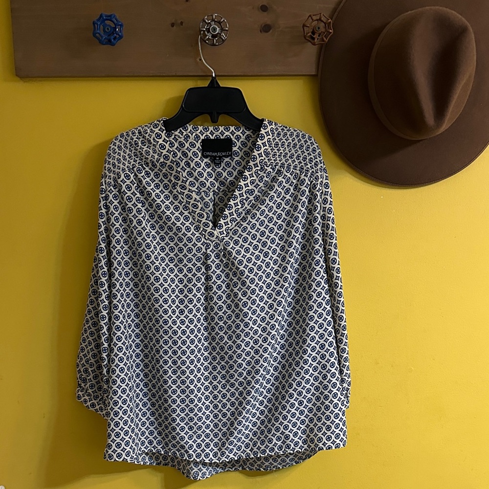 Cynthia Rowley White and Blue Geometric Blouse
